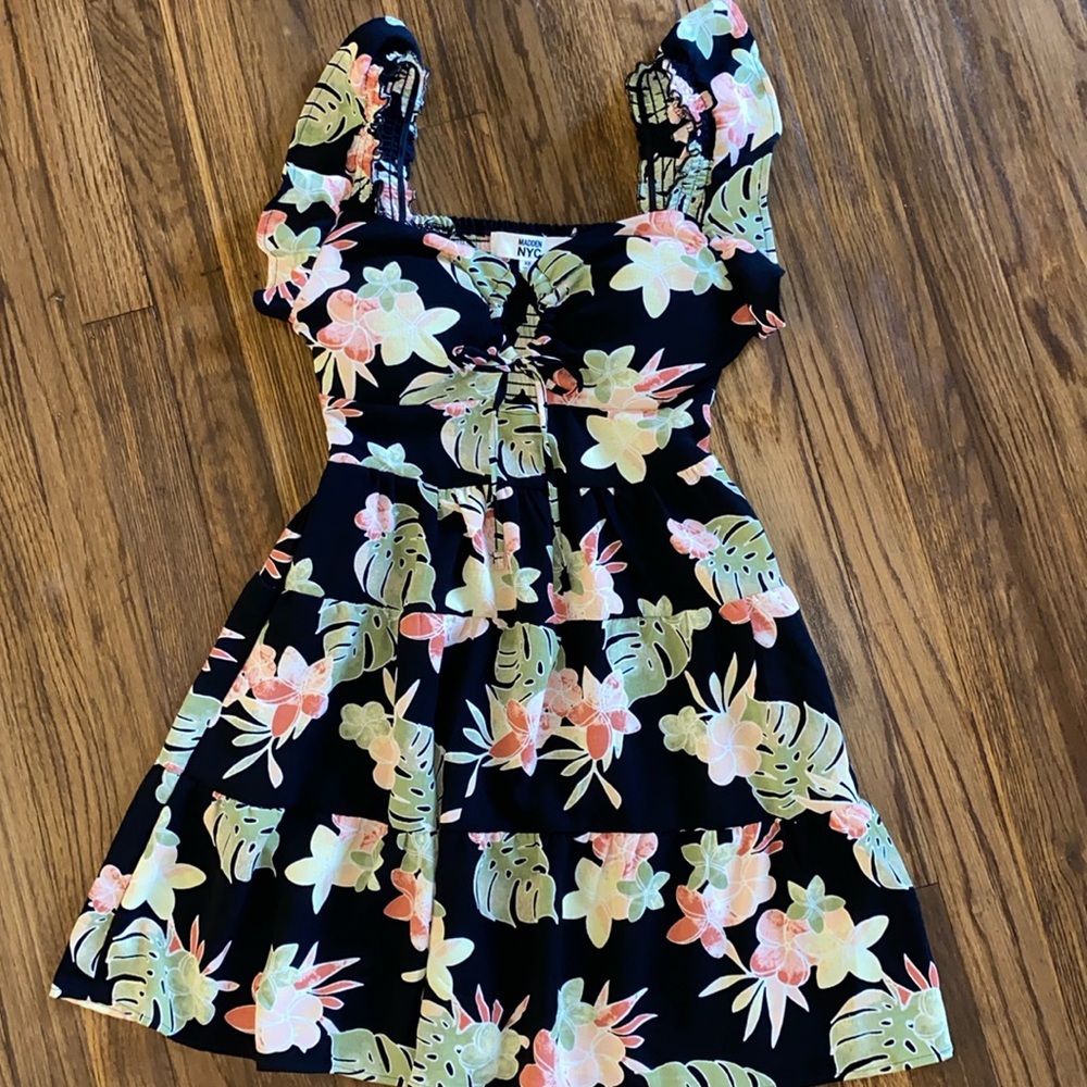 Madden NYC tropical print smocked ruffle dress
